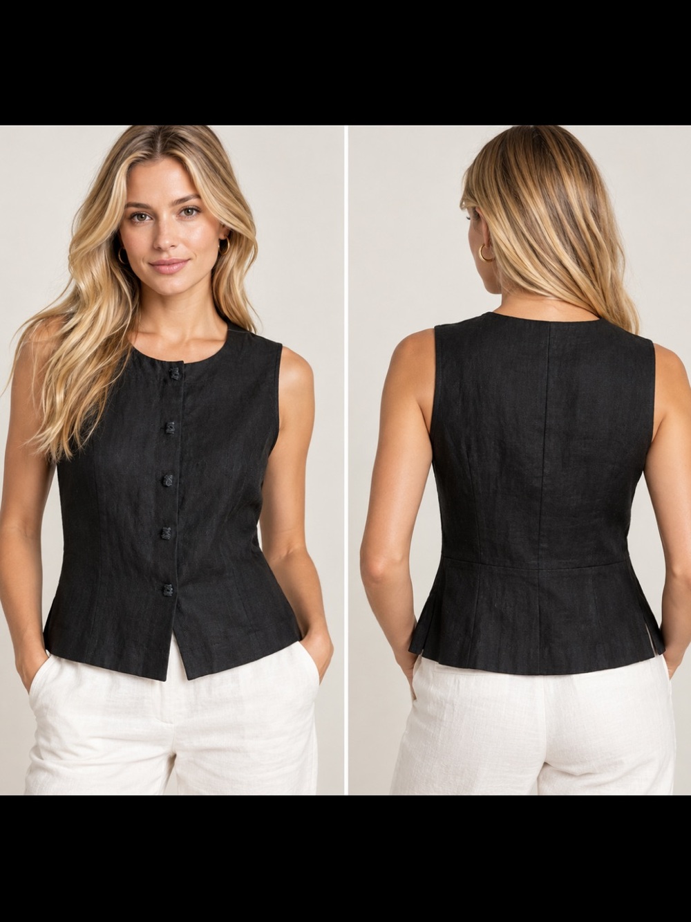 100% Linen Black Vest Size 1 (S) Comme Il Faut Designer Snap Front